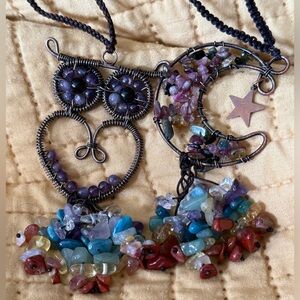 Handcrafted Gemstone Owl and Moon hangings